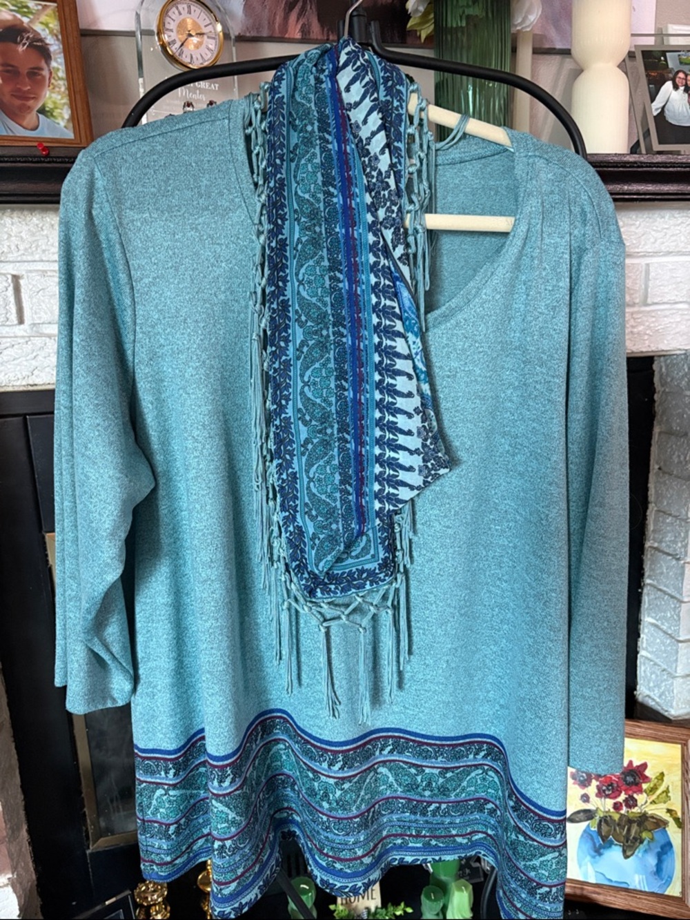 Ladies' Teal Scoop Neck Sweater with Border Print